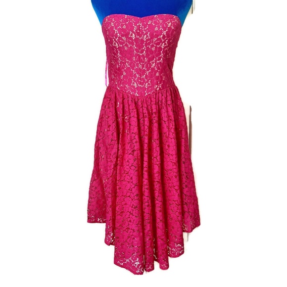 Betsey Johnson Dresses & Skirts - Betsey Johnson Strapless Pink Cotton Lace Midi Dress Lined Retro Rockabilly 10